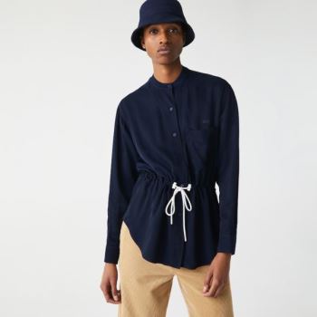 Lacoste Relaxed Fit Adjustable Waist Flowy Mao Collar Shirt - Šortky Dámské Tmavě Blankyt Blankyt |